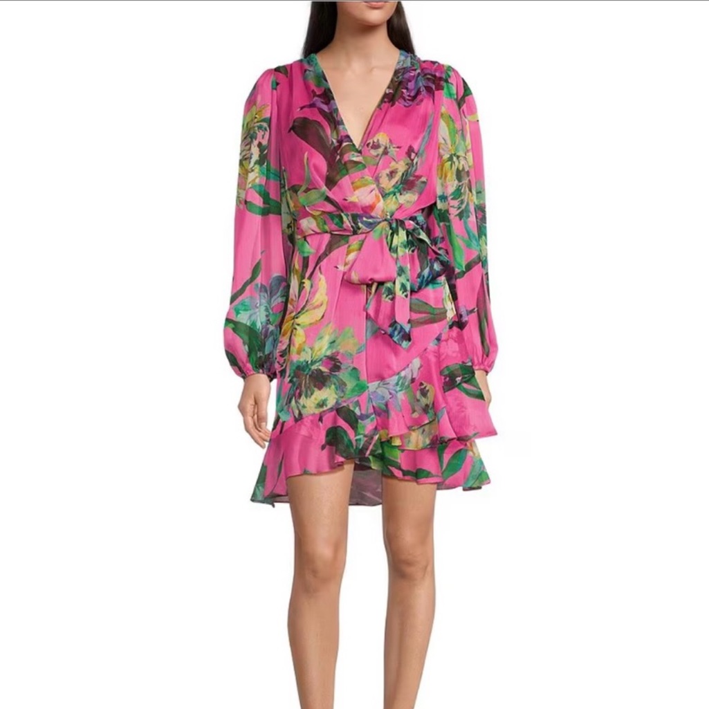 Nwt Alex Marie Laurel Floral Long Sleeve Surplice V-Neck A-Line Dress Pink Sz 12